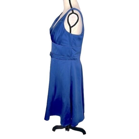 Alfred Angelo Dress Formal Satin Indigo Blue Bow Waist V Neck Sleeveless Size 12 - Picture 4 of 6